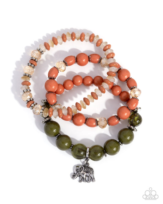 Elite Elephant - Green, Orange Beaded Silver Elephant Charm Stretchy Bracelets - Paparazzi Accessories