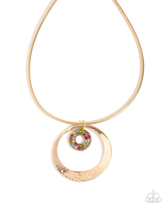 Waltzing Wayfare - Multi Rhinestone, Gold Necklace - Paparazzi Accessories