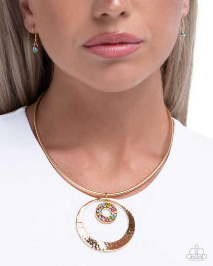 Waltzing Wayfare - Multi Rhinestone, Gold Necklace - Paparazzi Accessories