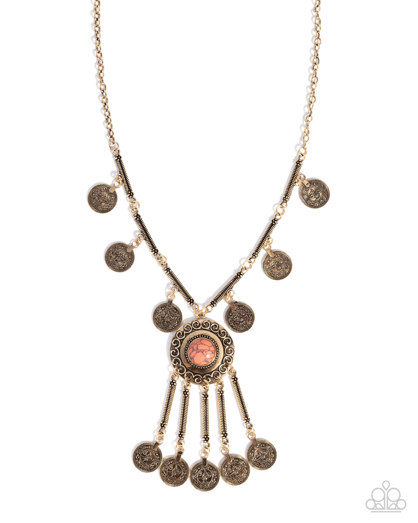 Ornate Organization - Orange Stone Brass Necklace - Paparazzi Accessories