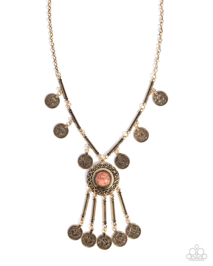 Ornate Organization - Orange Stone Brass Necklace - Paparazzi Accessories
