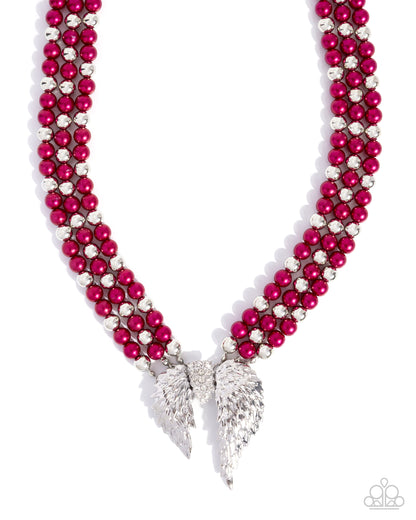 Angelic Ardor - Red Pearls Silver Angel Wings Necklace - Paparazzi Accessories
