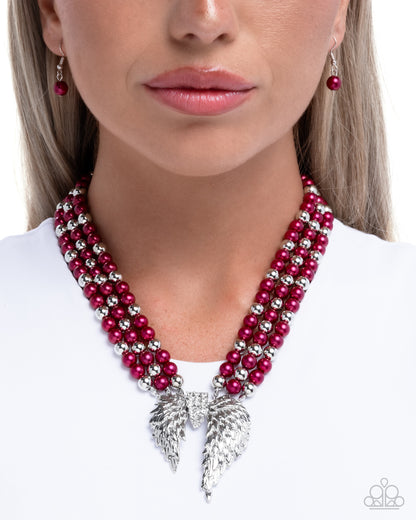 Angelic Ardor - Red Pearls Silver Angel Wings Necklace - Paparazzi Accessories