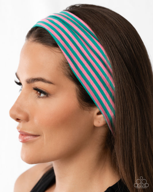 Striped Splendor - Multi - Pink & Green Fabric Headband - Paparazzi Accessories