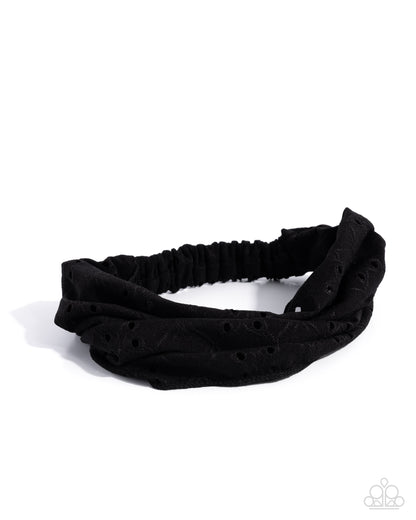 Eyelet Elegance - Black Floral Fabric Stretchy Headband - Paparazzi Accessories