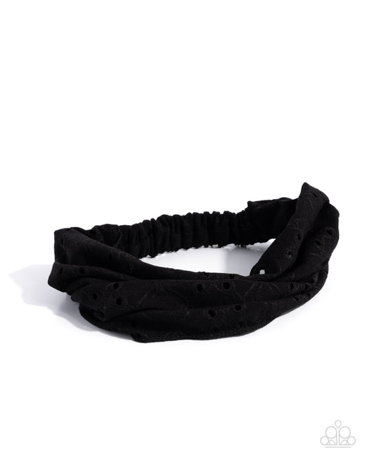 Eyelet Elegance - Black Floral Fabric Stretchy Headband - Paparazzi Accessories