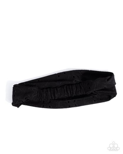 Eyelet Elegance - Black Floral Fabric Stretchy Headband - Paparazzi Accessories