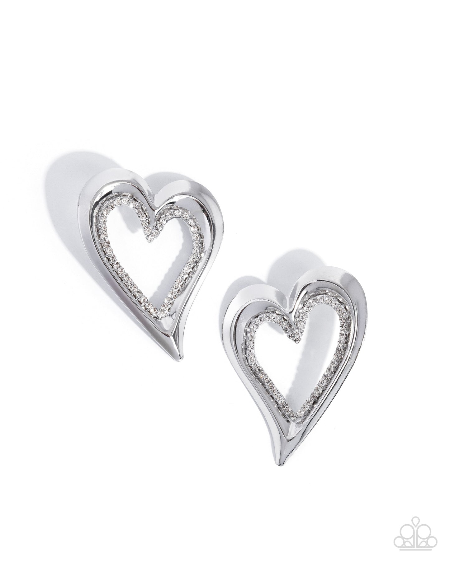 Cupid Chic - White Rhinestone, Silver Heart Post Back Earrings - Paparazzi Accessories
