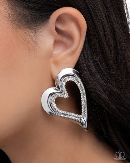 Cupid Chic - White Rhinestone, Silver Heart Post Back Earrings - Paparazzi Accessories
