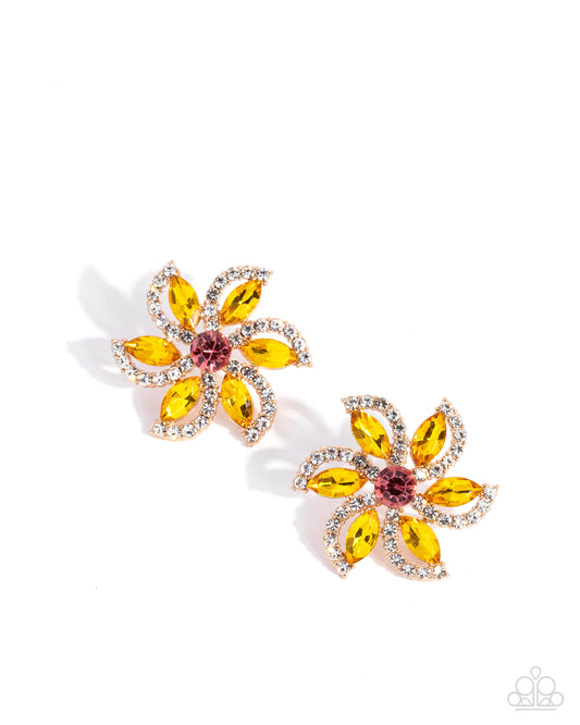 Blooming Belief - Multi Yellow, White and Green Rhinestone, Gold Flower Earrings - Paparazzi Accessories