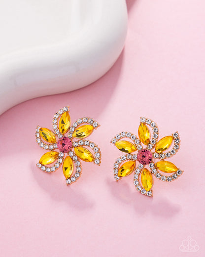 Blooming Belief - Multi Yellow, White and Green Rhinestone, Gold Flower Earrings - Paparazzi Accessories