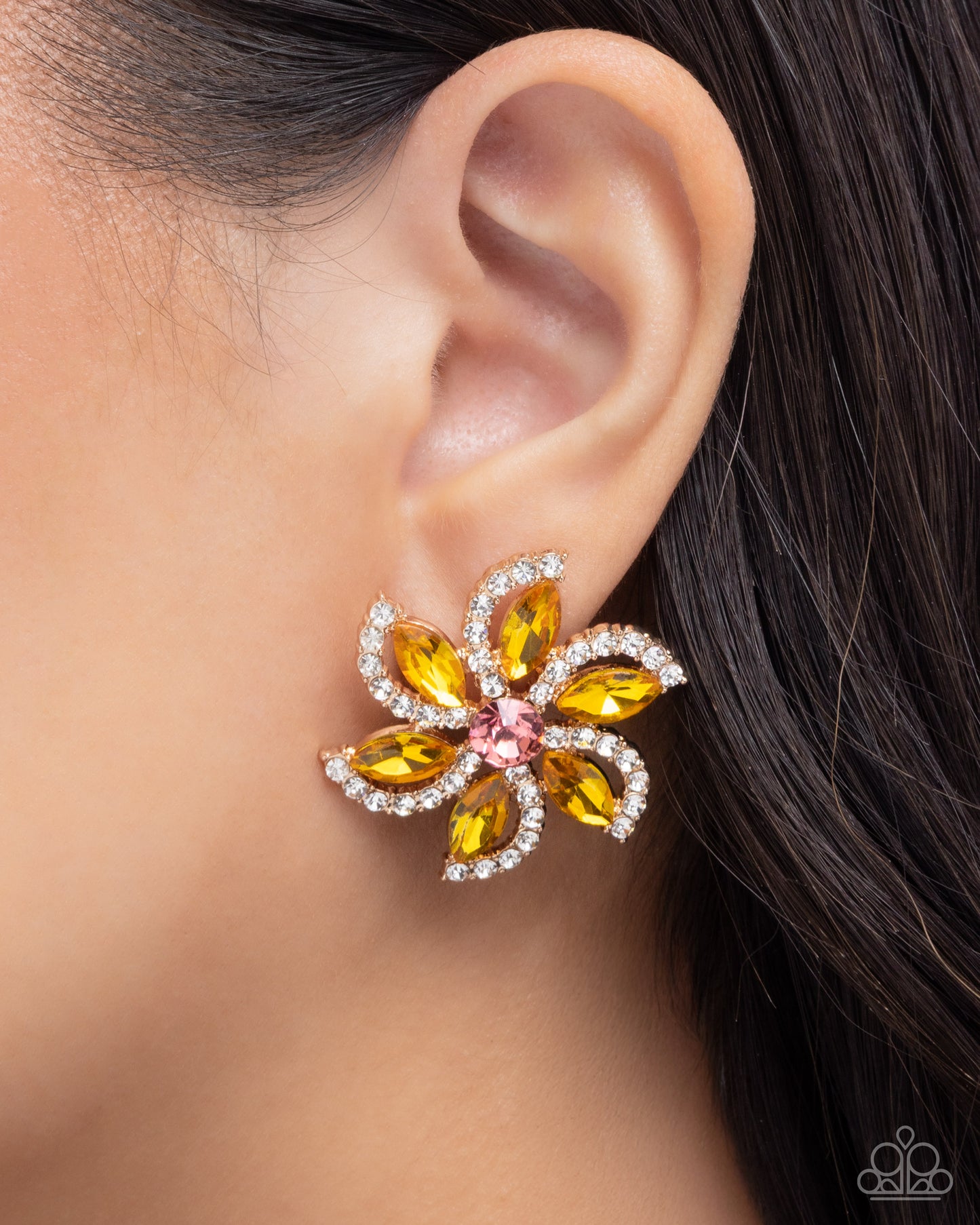 Blooming Belief - Multi Yellow, White and Green Rhinestone, Gold Flower Earrings - Paparazzi Accessories