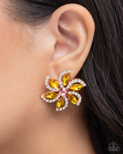 Blooming Belief - Multi Yellow, White and Green Rhinestone, Gold Flower Earrings - Paparazzi Accessories