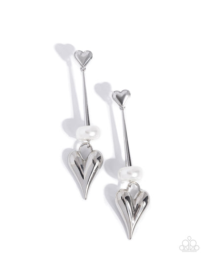 I Feel Loved - White Pearl Silver Heart Post Earrings - Paparazzi Accessories