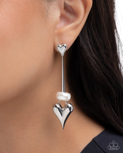 I Feel Loved - White Pearl Silver Heart Post Earrings - Paparazzi Accessories