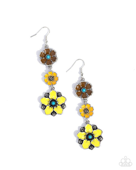 Floral Flock - Yellow Enamel Flower Earrings - Paparazzi Accessories