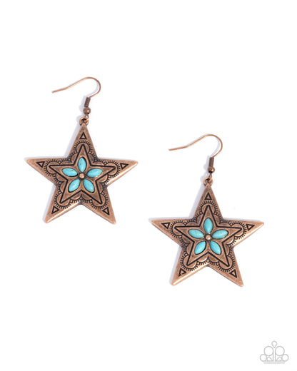 Sheriff Santa Fe - Copper Star and Blue Crackle Stone Earrings - Paparazzi Accessories