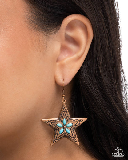 Sheriff Santa Fe - Copper Star and Blue Crackle Stone Earrings - Paparazzi Accessories
