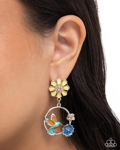 Tropical Tapestry - Yellow Flower Hummingbird Earrings - Paparazzi Accessories