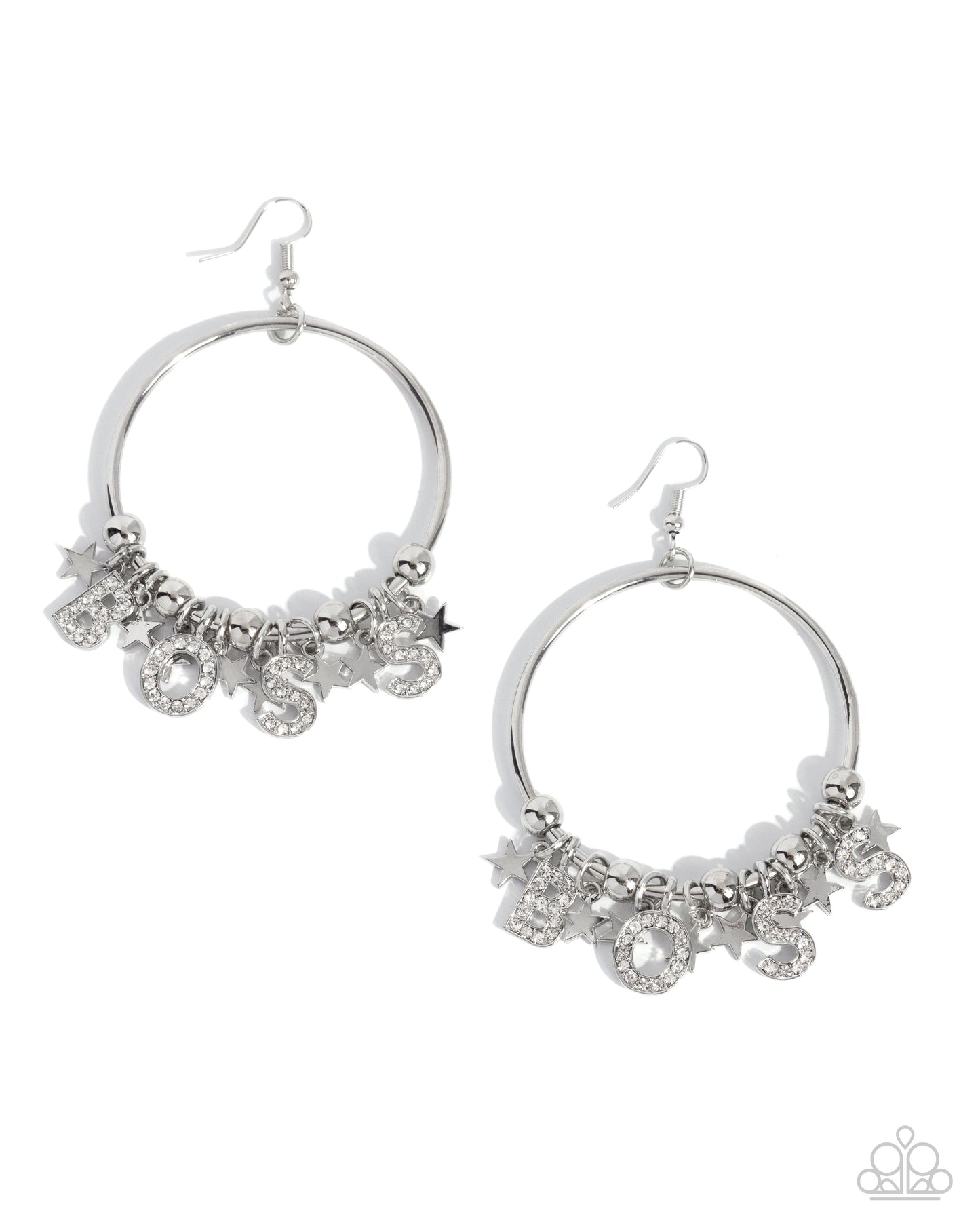 Boss Level - White Rhinestone "BOSS" Silver Front-Facing Hoop Fishhook Earrings - Paparazzi Accessories