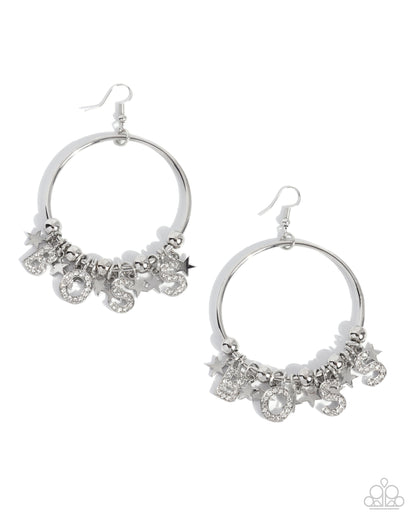 Boss Level - White Rhinestone "BOSS" Silver Front-Facing Hoop Fishhook Earrings - Paparazzi Accessories