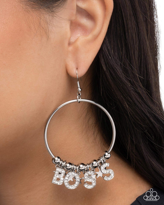 Boss Level - White Rhinestone "BOSS" Silver Front-Facing Hoop Fishhook Earrings - Paparazzi Accessories