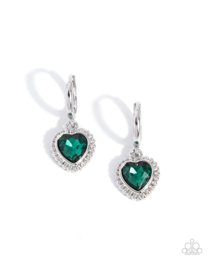 Vintage Victor - Green Rhinestone Silver Heart Hinge Hoop Earrings - Paparazzi Accessories