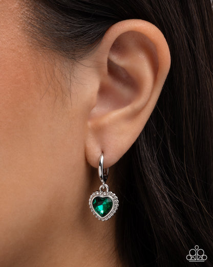 Vintage Victor - Green Rhinestone Silver Heart Hinge Hoop Earrings - Paparazzi Accessories