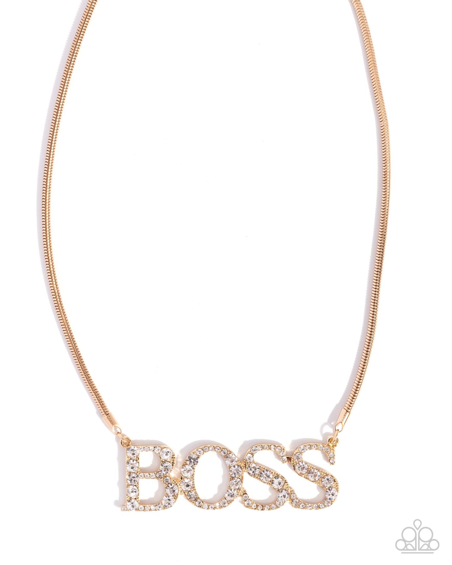 Final Boss - Gold White Rhinestone "BOSS" Necklace - Paparazzi Accessories
