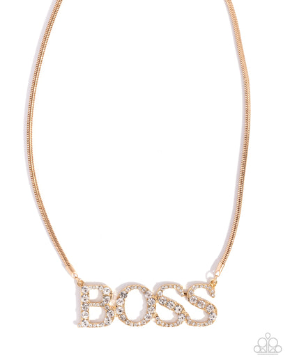 Final Boss - Gold White Rhinestone "BOSS" Necklace - Paparazzi Accessories