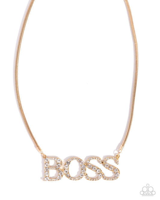 Final Boss - Gold White Rhinestone "BOSS" Necklace - Paparazzi Accessories