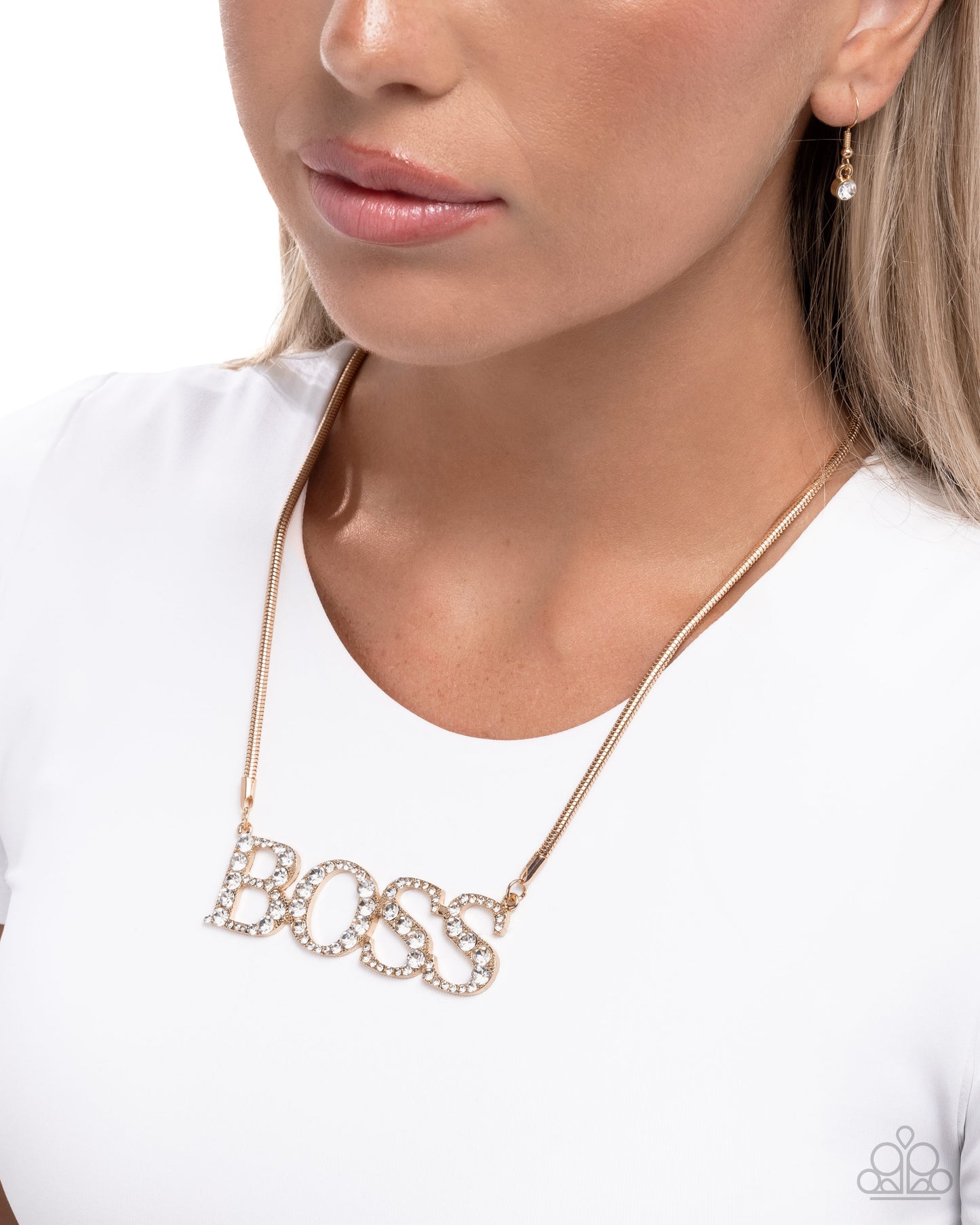 Final Boss - Gold White Rhinestone "BOSS" Necklace - Paparazzi Accessories