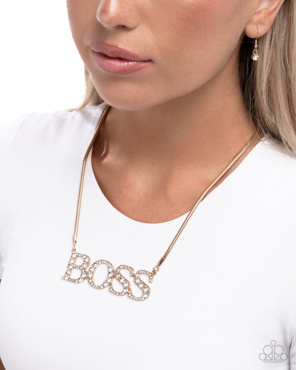 Final Boss - Gold White Rhinestone "BOSS" Necklace - Paparazzi Accessories