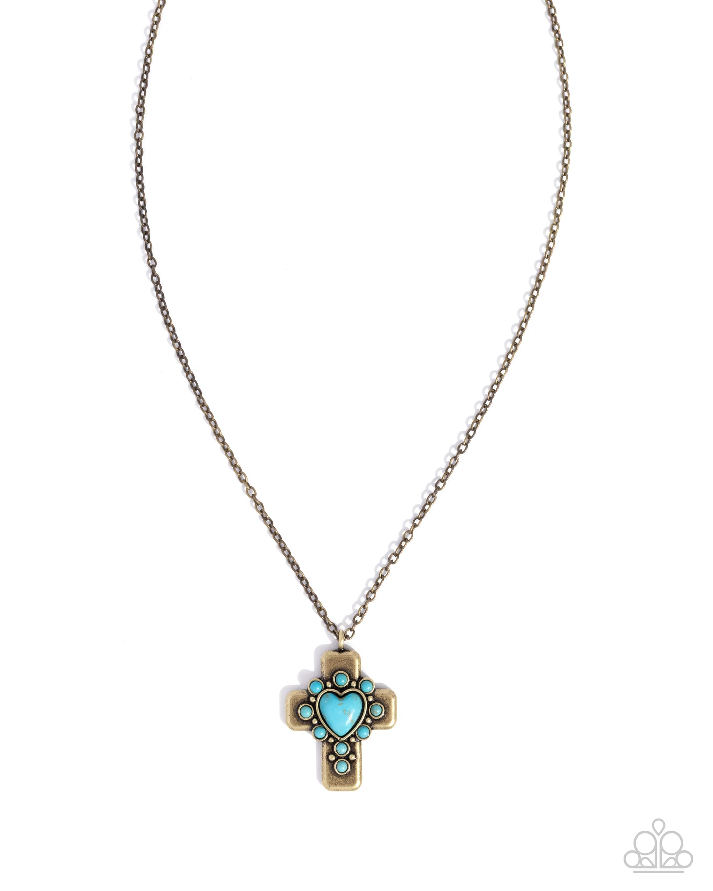 Heavenly Color - Brass Cross and Blue Crackle Stone Pendant Necklace - Paparazzi Accessories