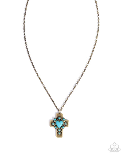 Heavenly Color - Brass Cross and Blue Crackle Stone Pendant Necklace - Paparazzi Accessories