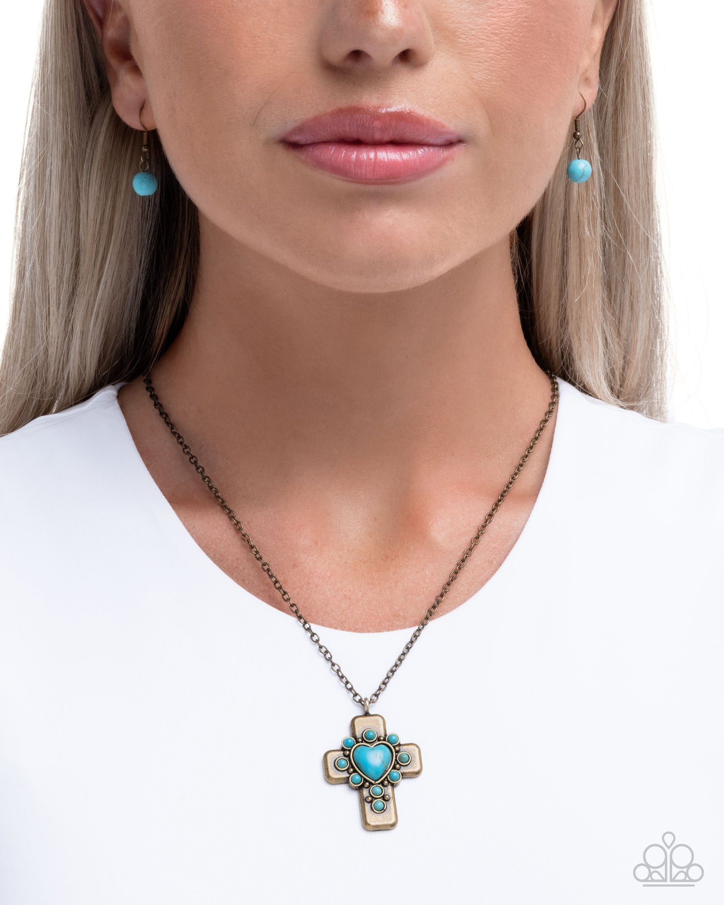 Heavenly Color - Brass Cross and Blue Crackle Stone Pendant Necklace - Paparazzi Accessories
