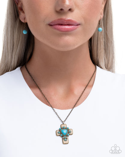 Heavenly Color - Brass Cross and Blue Crackle Stone Pendant Necklace - Paparazzi Accessories