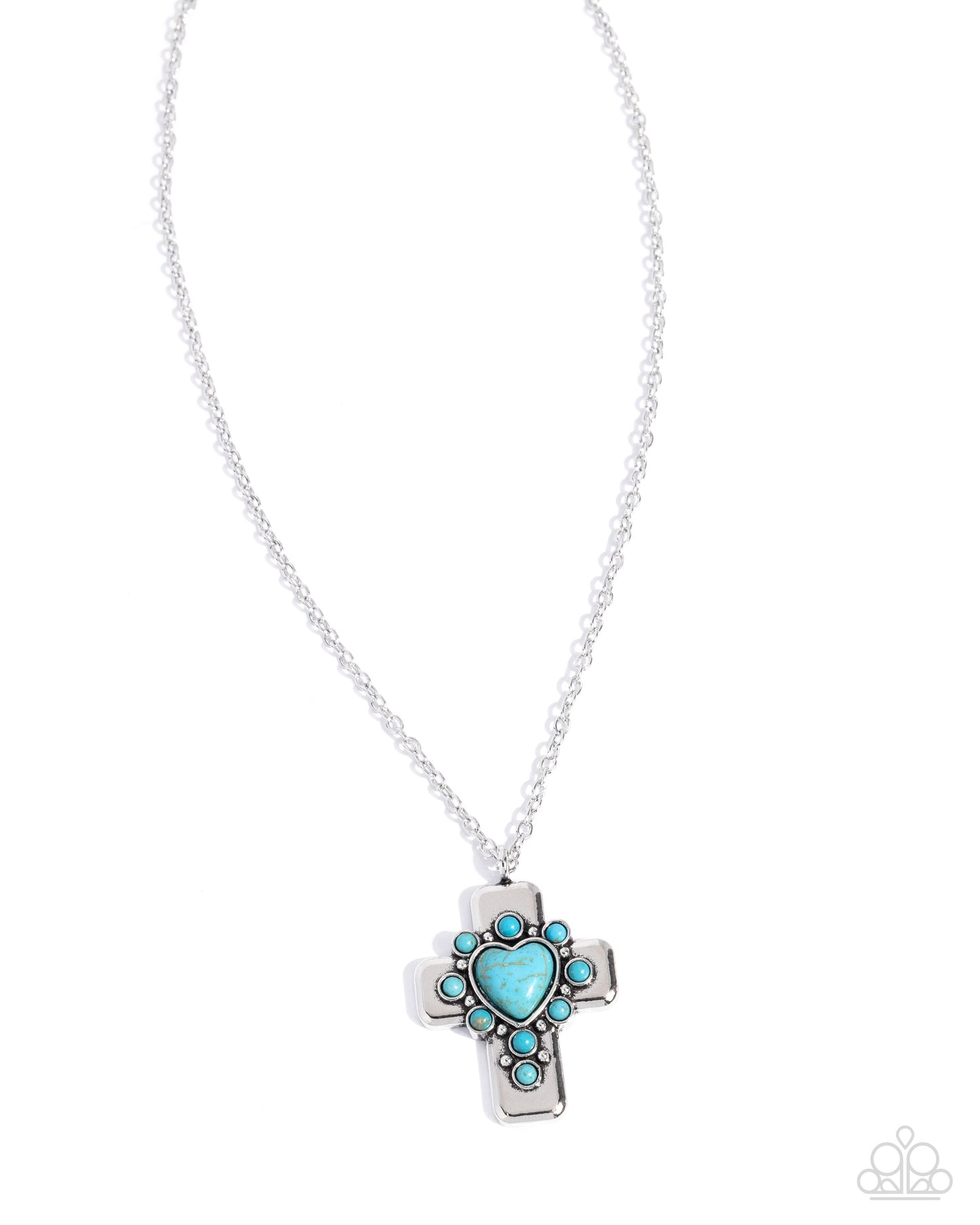 Heavenly Color - Blue Turquoise Crackle Stone Heart Silver Cross Pendant Necklace - Paparazzi Accessories