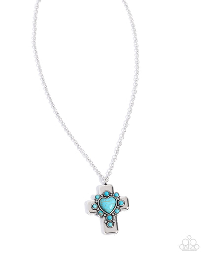 Heavenly Color - Blue Turquoise Crackle Stone Heart Silver Cross Pendant Necklace - Paparazzi Accessories