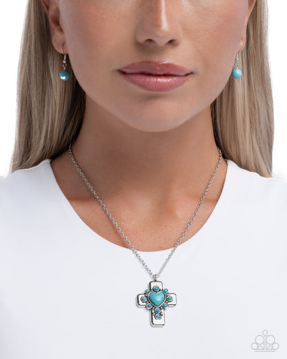 Heavenly Color - Blue Turquoise Crackle Stone Heart Silver Cross Pendant Necklace - Paparazzi Accessories