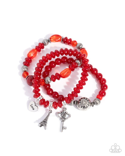 French Chic - Red Beads, Silver Key, Eiffel Tower, Vintage Key Charm Stretchy Bracelets - Paparazzi Accessories