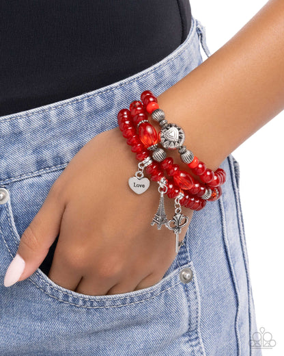 French Chic - Red Beads, Silver Key, Eiffel Tower, Vintage Key Charm Stretchy Bracelets - Paparazzi Accessories
