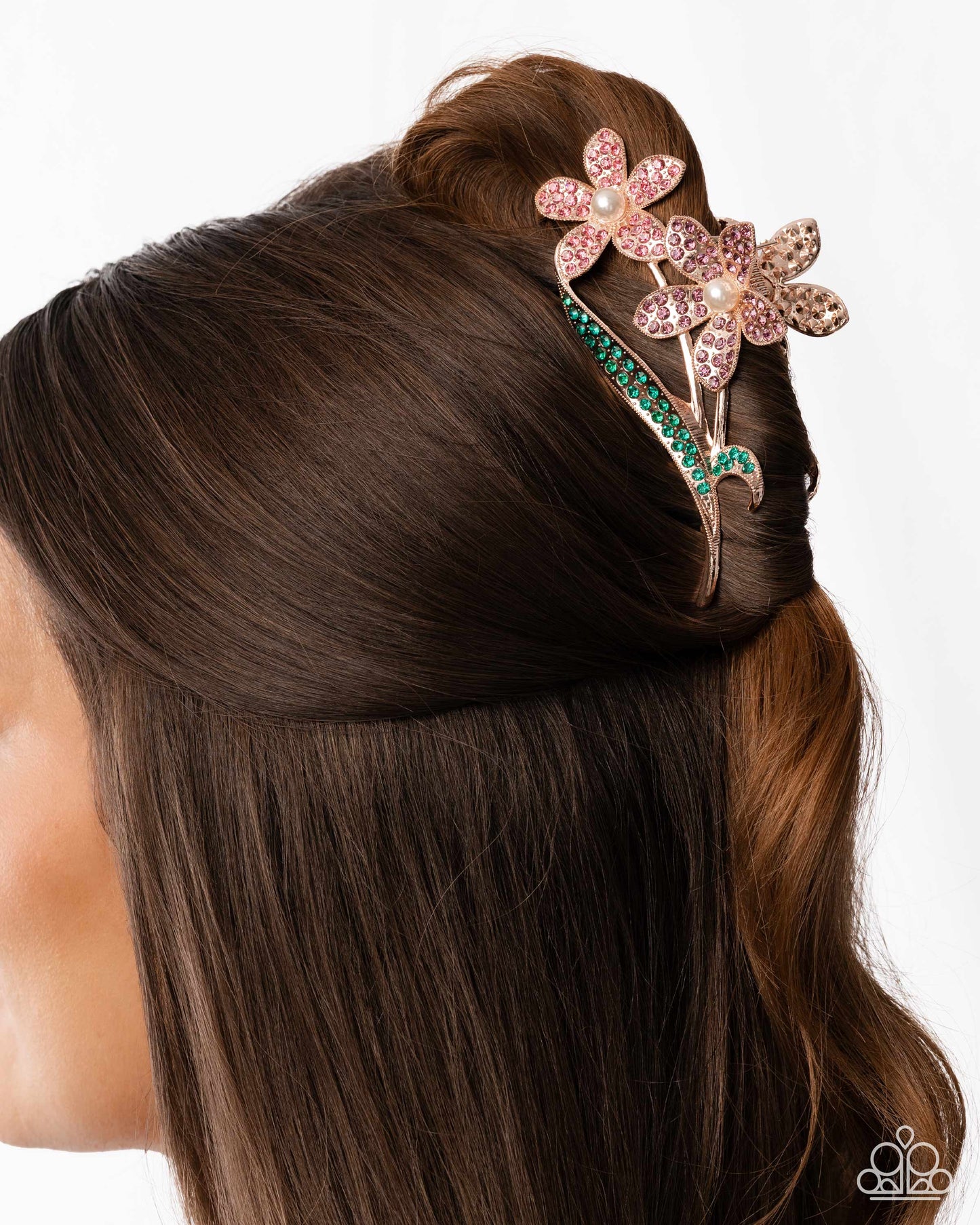 Dainty Duo - Multi - Rose Gold, Pearl and Amethyst Flower Claw Clip - Paparazzi Accessories