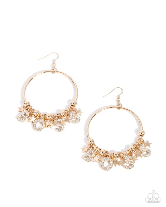 Boss Level - Gold "Boss" Fishhook Back Earrings - Paparazzi Accessories