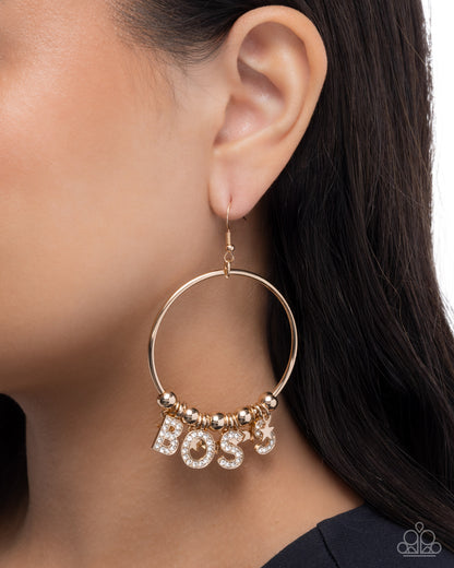 Boss Level - Gold "Boss" Fishhook Back Earrings - Paparazzi Accessories