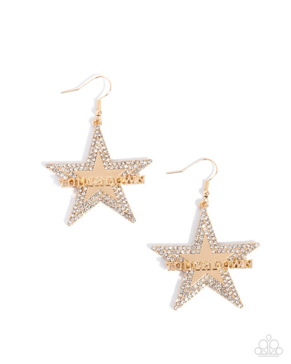 Touchdown Tribute - White Rhinestone Gold Star Fishhook Earrings - Paparazzi Accessories