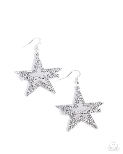 Touchdown Tribute - White Rhinestone Silver Star Fishhook Earrings - Paparazzi Accessories
