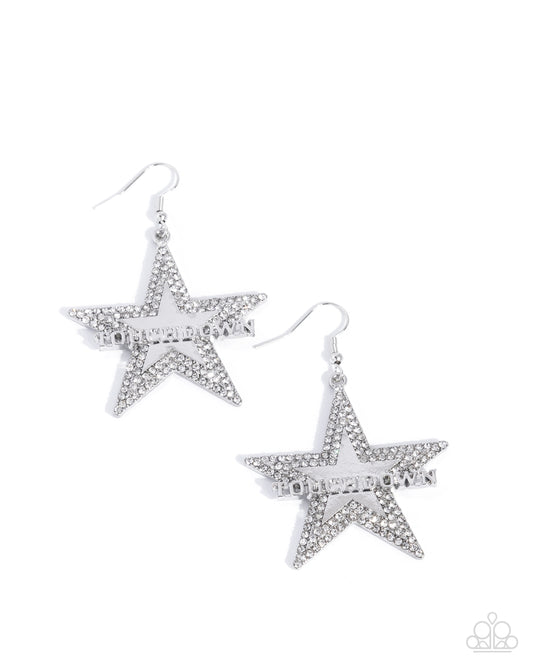 Touchdown Tribute - White Rhinestone Silver Star Fishhook Earrings - Paparazzi Accessories