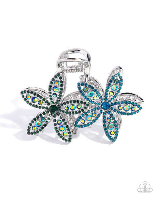 Blooming Beacon - Multi, Blue, Green, Iridescent Rhinestone, Silver Flower Claw Clip - Paparazzi Accessories