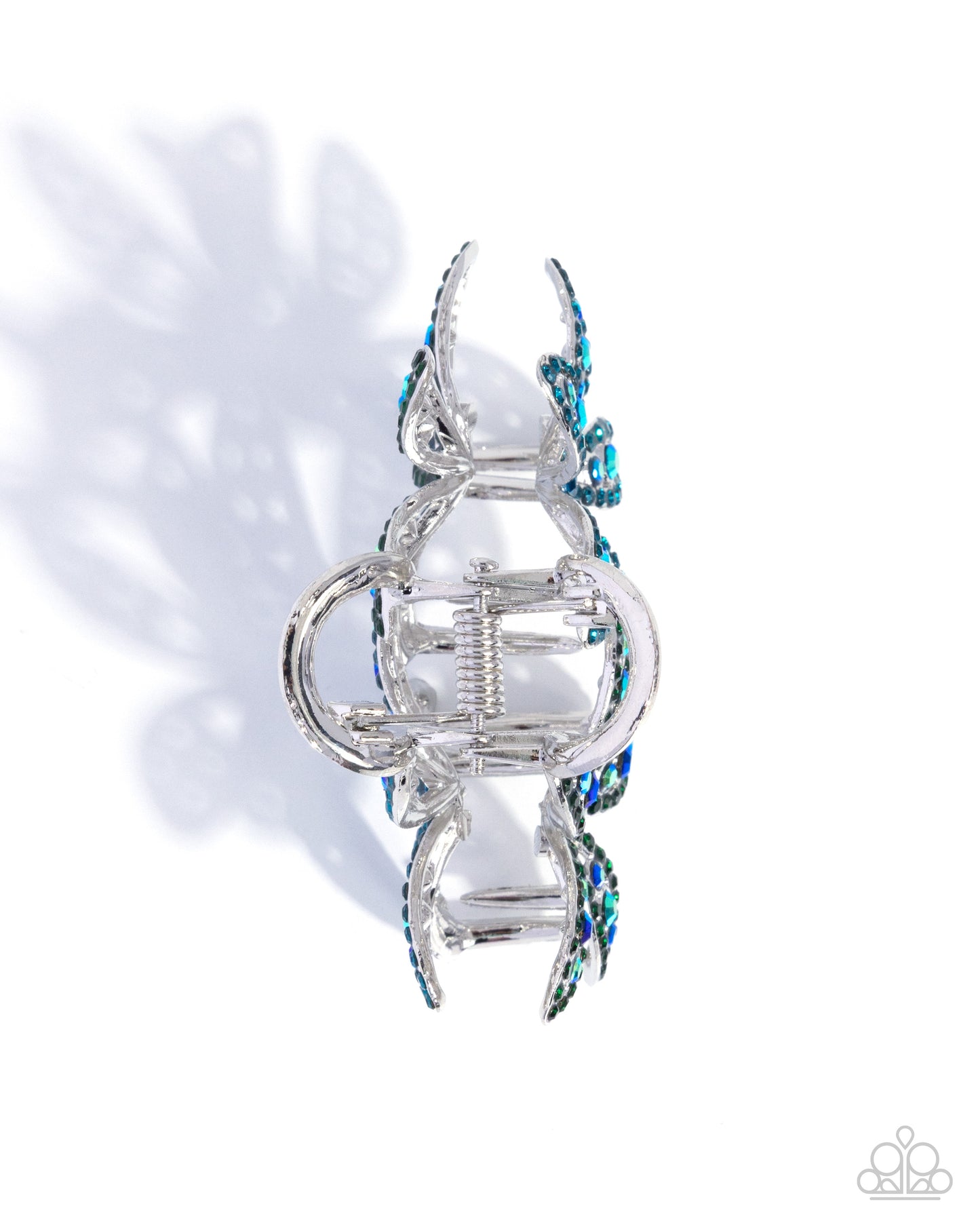 Blooming Beacon - Multi, Blue, Green, Iridescent Rhinestone, Silver Flower Claw Clip - Paparazzi Accessories